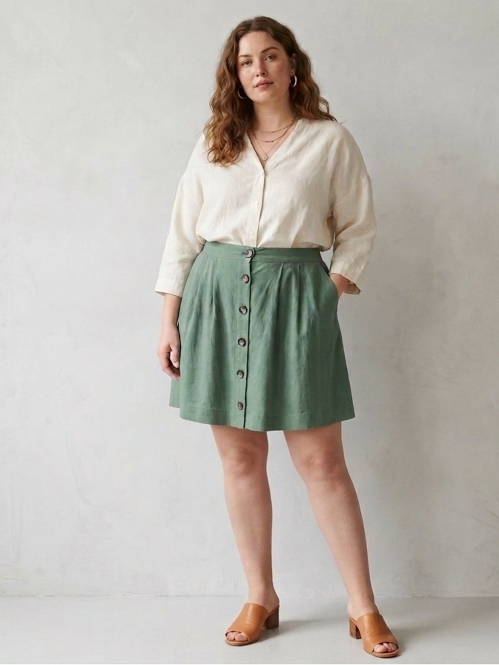 UNBRANDED green A-line Button down Skirt Size XL women pockets Casual A14